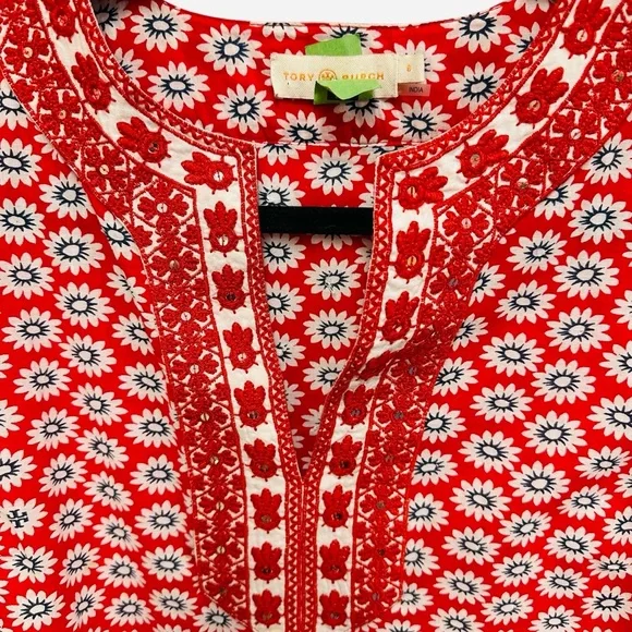 Tory Burch Jayne tunic red daisy floral print sequins embroidery boho spring - Picture 7 of 15